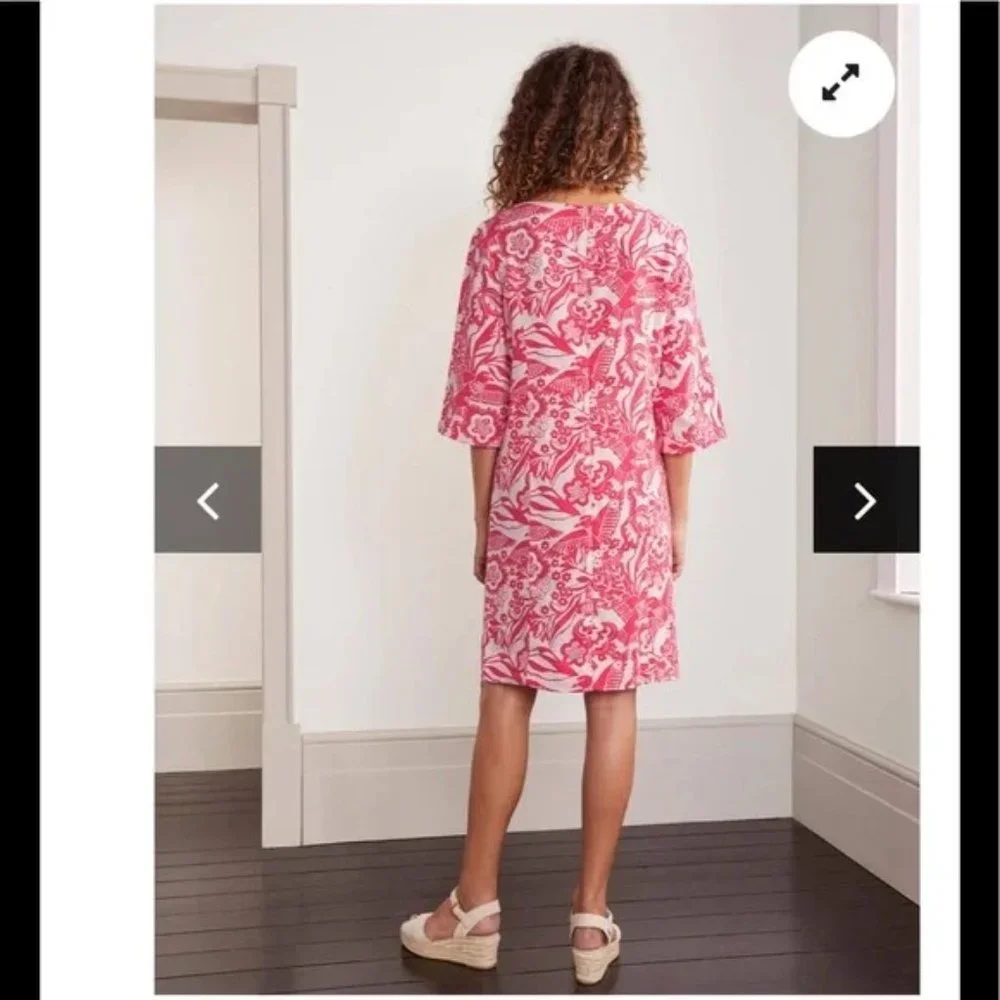 Boden Laurie Linen Dress 14L Lollipop Exotic Escape Semi-Fitted Pockets - Picture 3 of 9